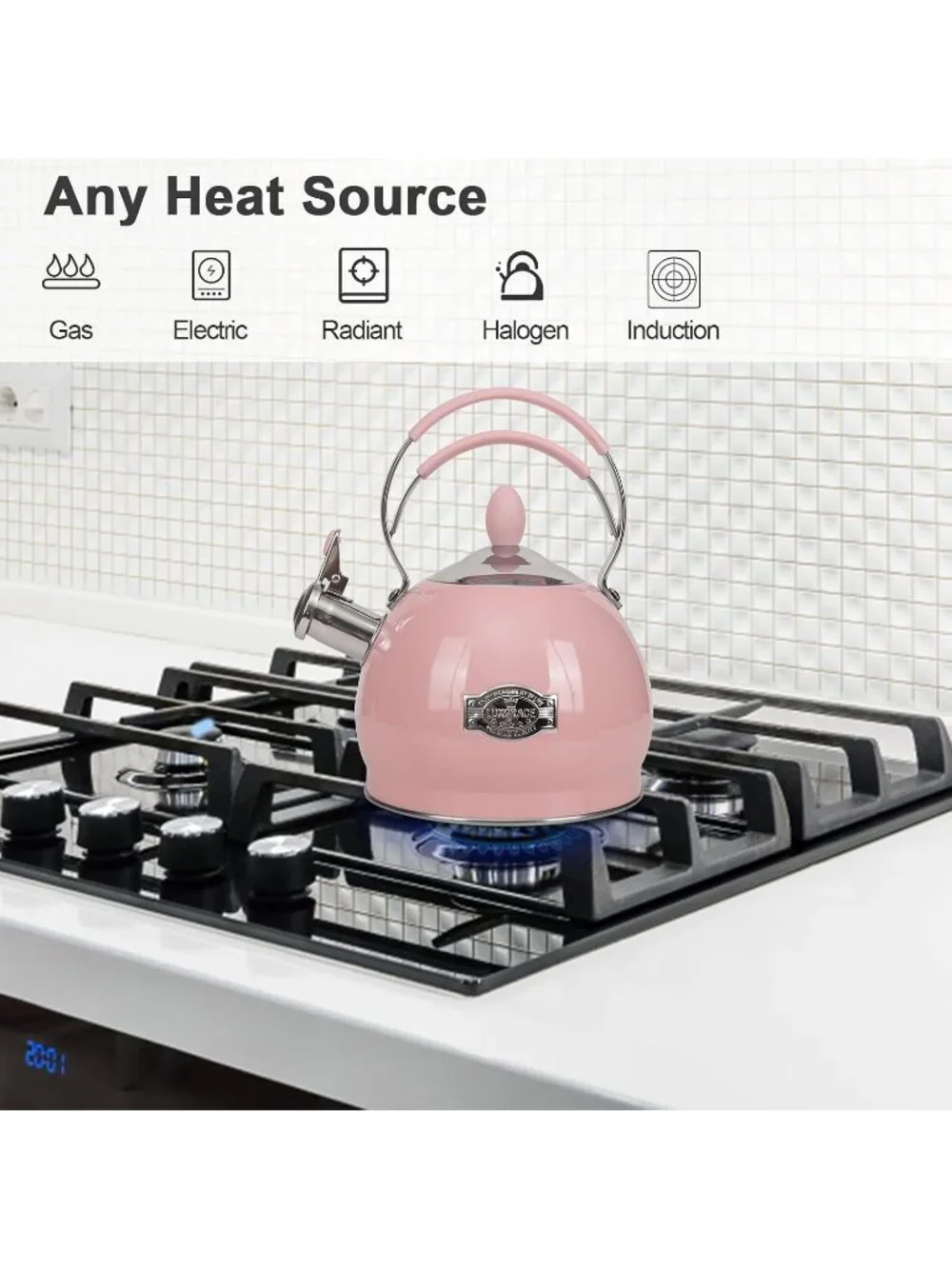 Pink Whistling Stainless Steel Kitchen Tea Kettles 2.6 Quart Stovetop Induction